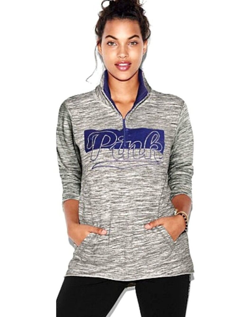 Victoria's Secret PINK Women's Gray/Blue Quarter-Zip Mock Neck Sweatshirt S/P